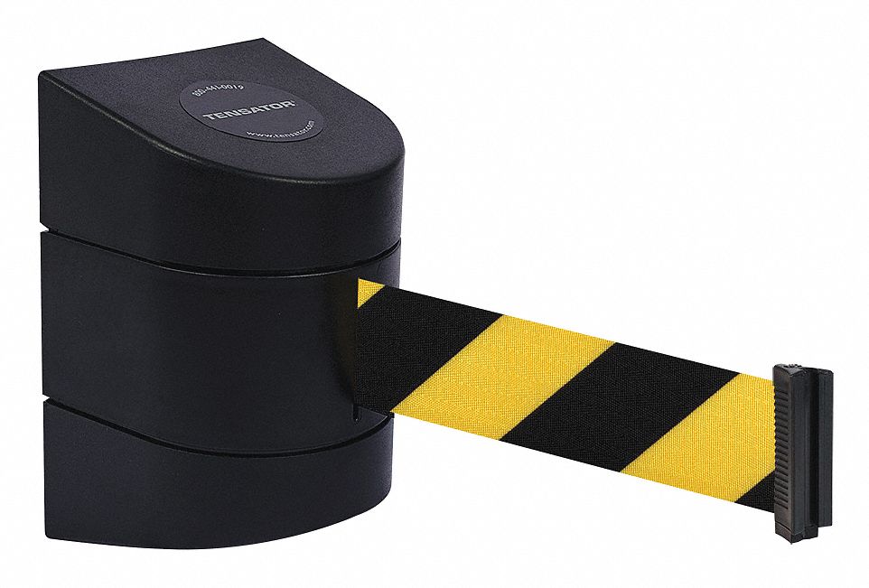 Barrier Post with Belt: Removable Mounting Plate, 15 ft Belt Lg, Pattern, Black/Yellow