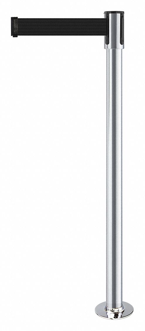 Barrier Post with Belt: Metal, Satin Chrome, 40 1/2 in Post Ht, 2 in Post Dia., Basic