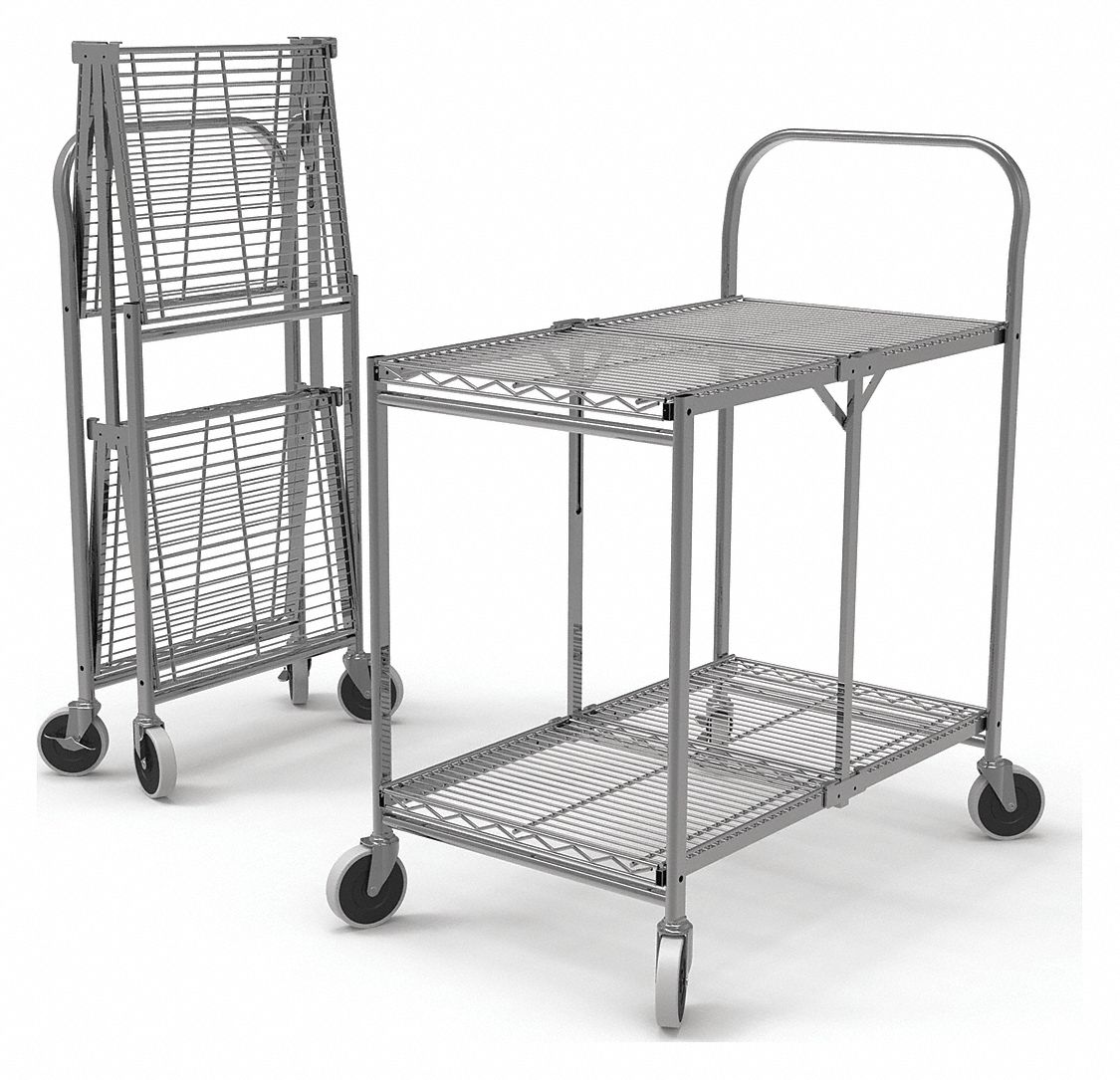 FOLD-AWAY UTILITY CART WITH SHALLOW LIPPED WIRE SHELVES, 200 LB LOAD CAPACITY