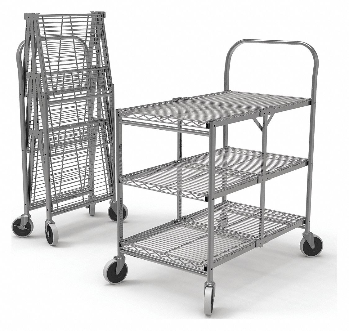 FOLD-AWAY UTILITY CART WITH SHALLOW LIPPED WIRE SHELVES, 300 LB LOAD CAPACITY