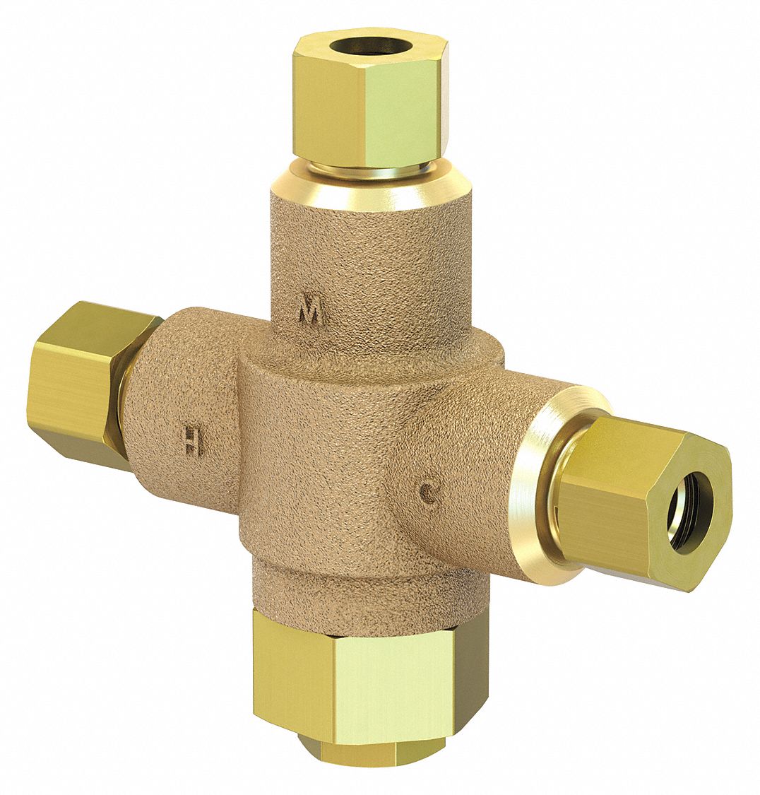 THERMOSTATIC MIXING VALVE: ⅜ IN INLET CONNECTION SIZE, ⅜ IN OUTLET CONNECTION SIZE, BRASS