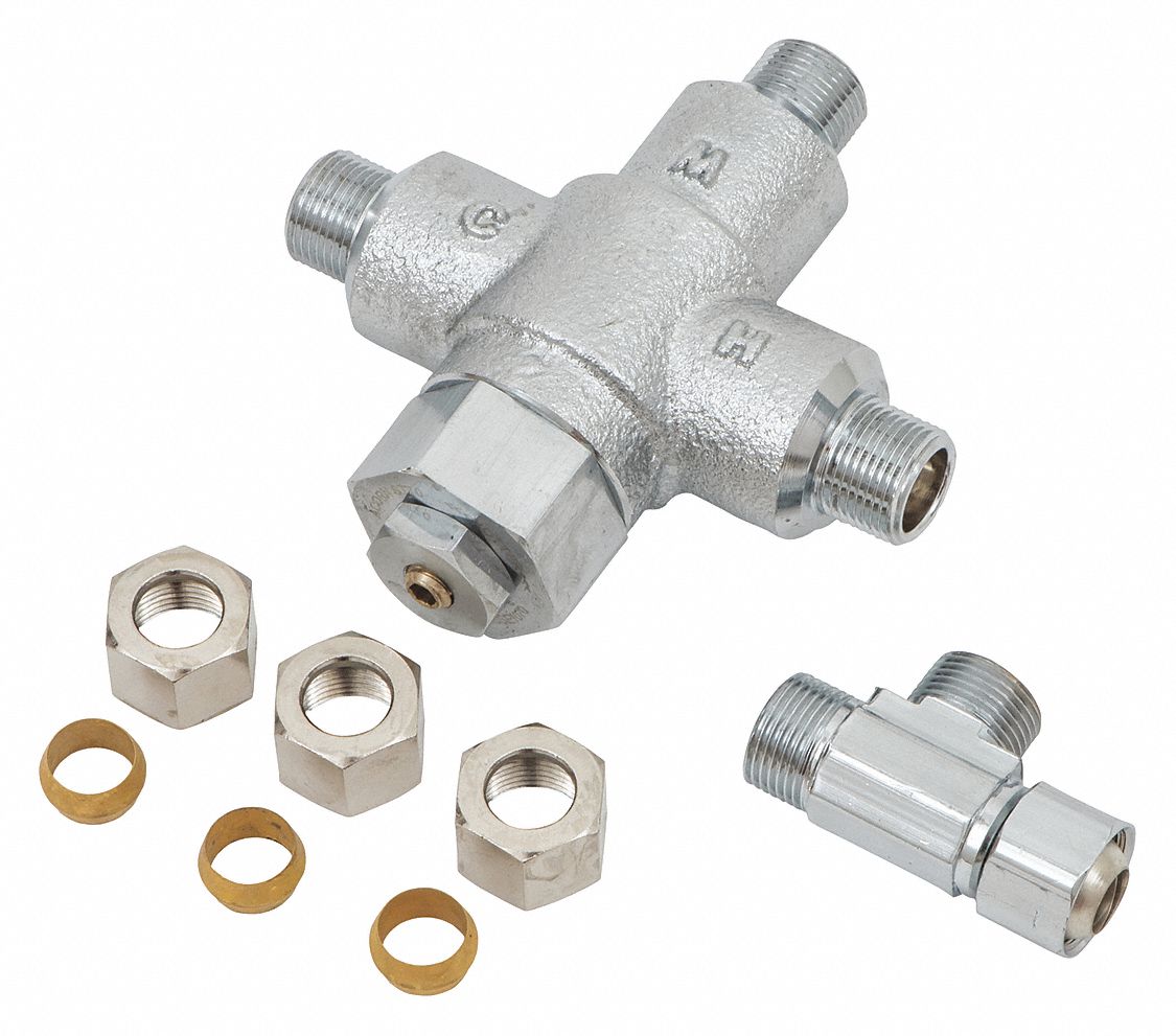 Thermostatic Mixing Valve: 3/8 in Inlet Connection Size, 3/8 in Outlet Connection Size, Brass