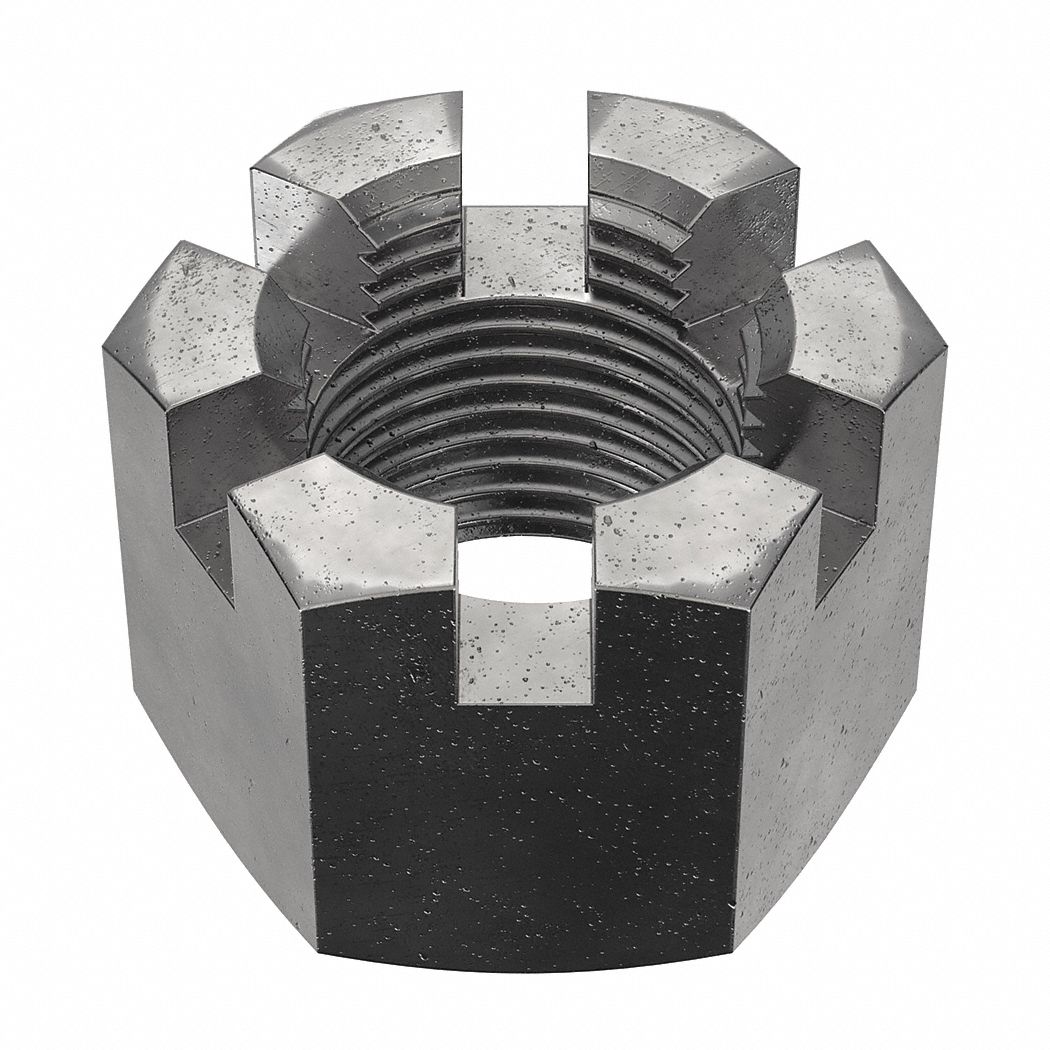 Castle Nut: Slotted Castle, Std Hex, M18x1.50 Thread Size, Steel, Class 4, Plain, 50 PK