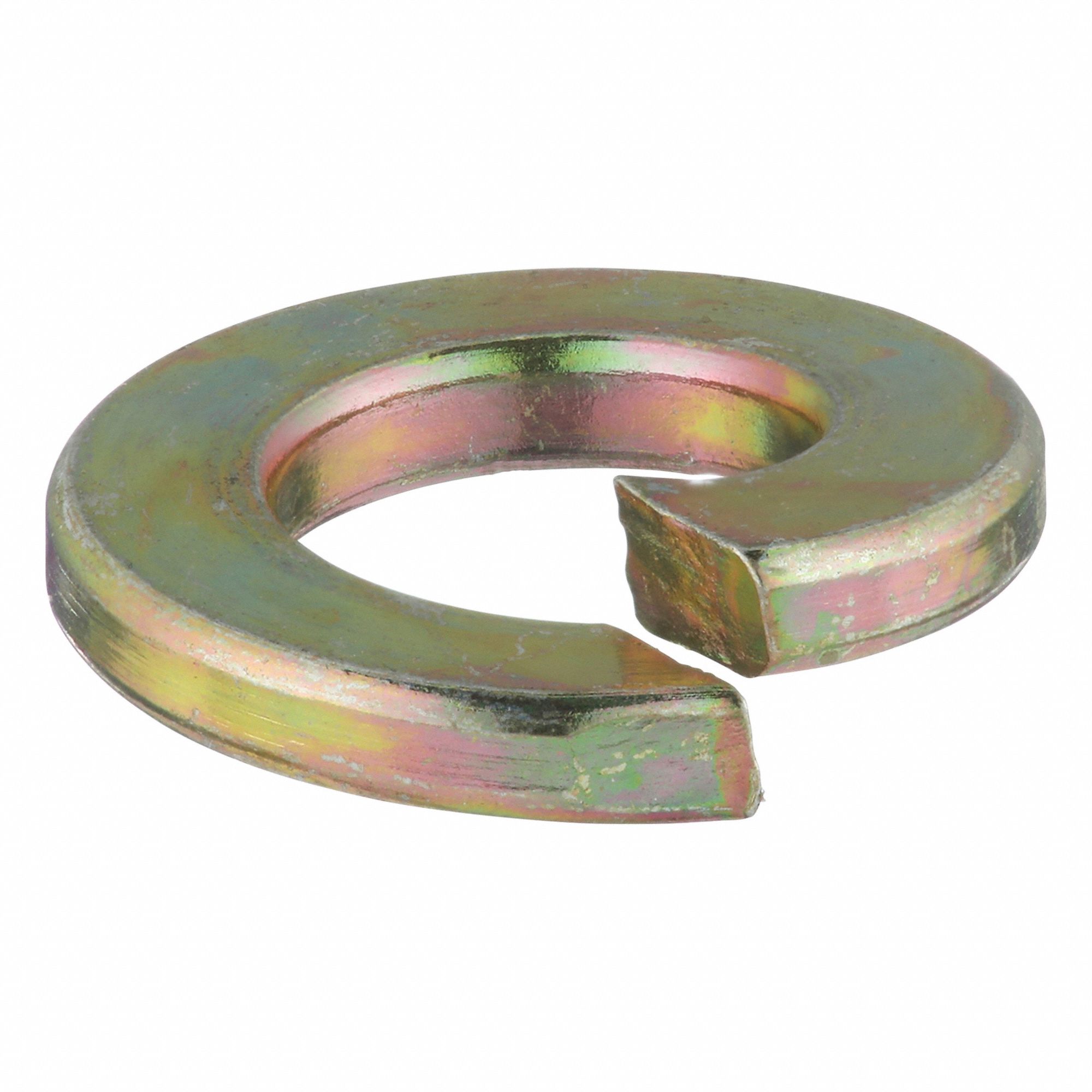 Split Lock Washer: Through Hardened, Zinc Yellow, Steel, 1/4 in Screw Sz, 1/16 in Max Thick, 100 PK