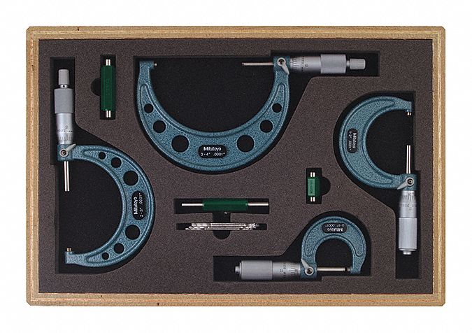MECHANICAL OUTSIDE MICROMETER SET, 0 TO 4 IN RANGE, 001 IN RESOLUTION, 4 MICROMETERS