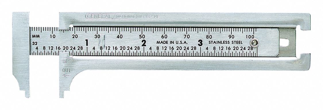 POCKET SLIDE CALIPER, 0 IN TO 4 IN RANGE, +/-01 IN ACCURACY, 1/32 IN GRADUATIONS