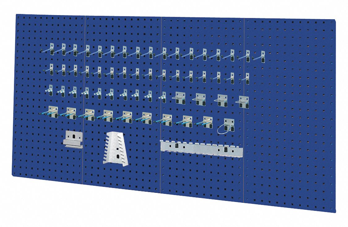 Pegboard Panel Kit: Square, 3/8 in Peg Hole Size, 36 in x 18 in x 1/2 in, Steel, Blue