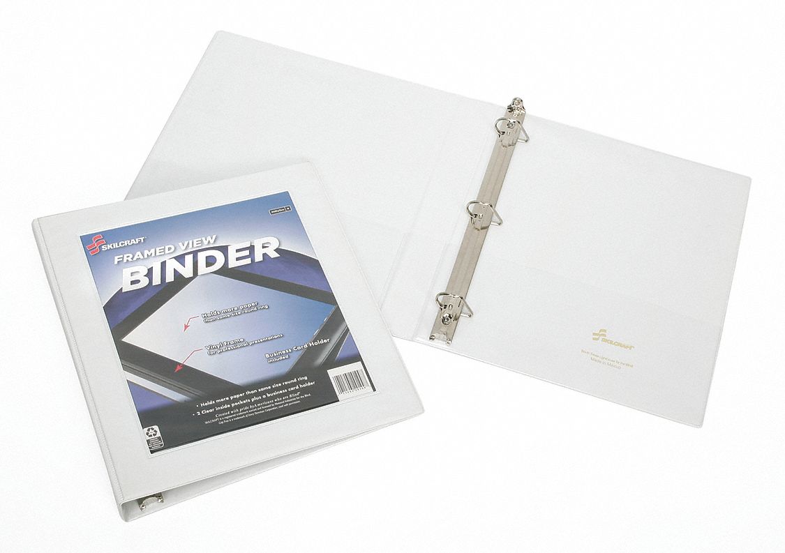 Ring Binder: 1 1/2 in Ring Size, Slant D-Ring, 350 Sheet Capacity, Clear Sleeve, Vinyl, White