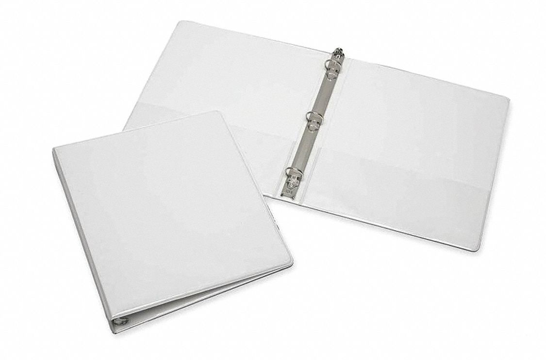 Ring Binder: 1 in Ring Size, Round, 175 Sheet Capacity, Clear Sleeve, Vinyl, White