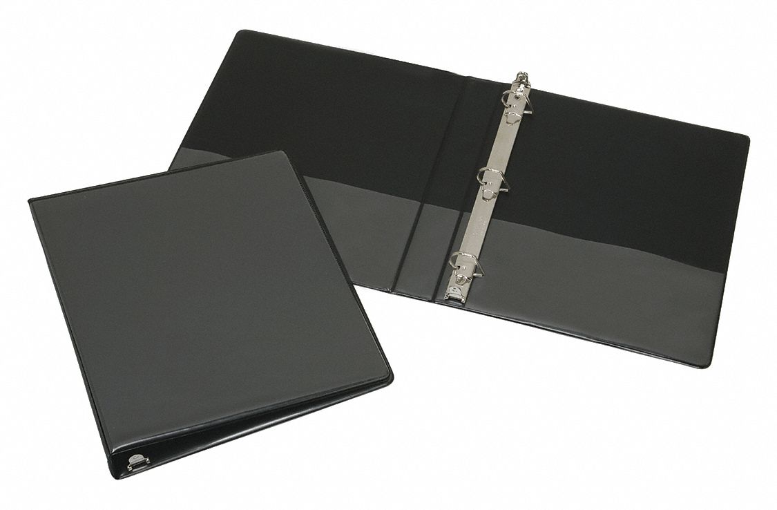 Ring Binder: 1 in Ring Size, Round, 220 Sheet Capacity, Clear Sleeve, Vinyl, Black