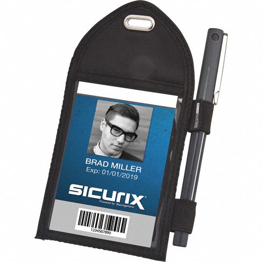 Sicurix ID Badge Holder: Vertical, Black, Blank, Nylon, 4 1/4 in Lg, 1/64 in Wd, Pen Loop, 12 Pk [PK/12] Model: Bau 55710