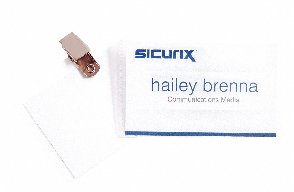 Badge Holder: Clip, Horizontal/Vertical, 2 1/4 in Badge Pouch Wd, 3 1/2 in Badge Pouch Ht, 50 PK