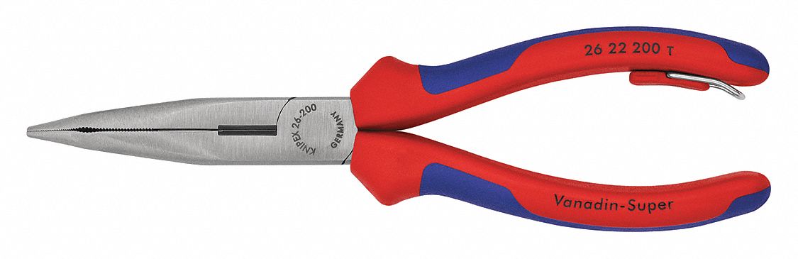 LONG NOSE PLIER, 3½ IN MAX JAW OPENING, 8 IN OVERALL L, 2⅞ IN JAW L, ⅛ IN TIP W, SERRATED