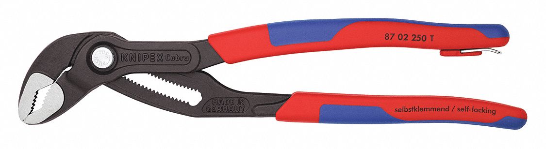 WATER PUMP PLIER, V, PUSH BUTTON, 2 IN MAX JAW OPENING, 10 IN OVERALL L, 25 JAW POSITIONS, SERRATED