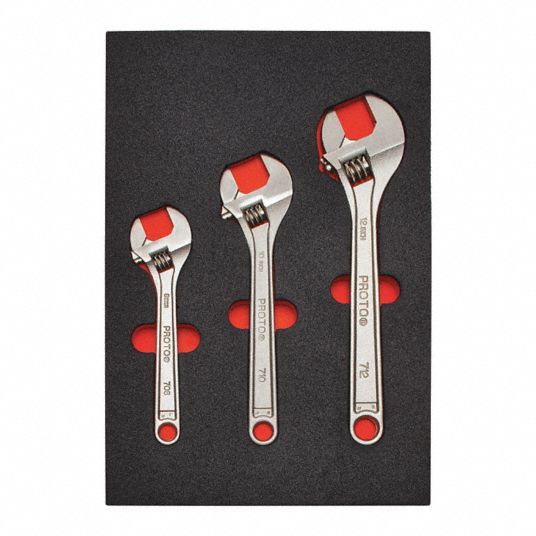 PROTO Adjustable Wrench Sets, Alloy Steel, Satin, Jaw Capacity 1 1/8 in, 1 5/16 in, 1 1/2 in, No