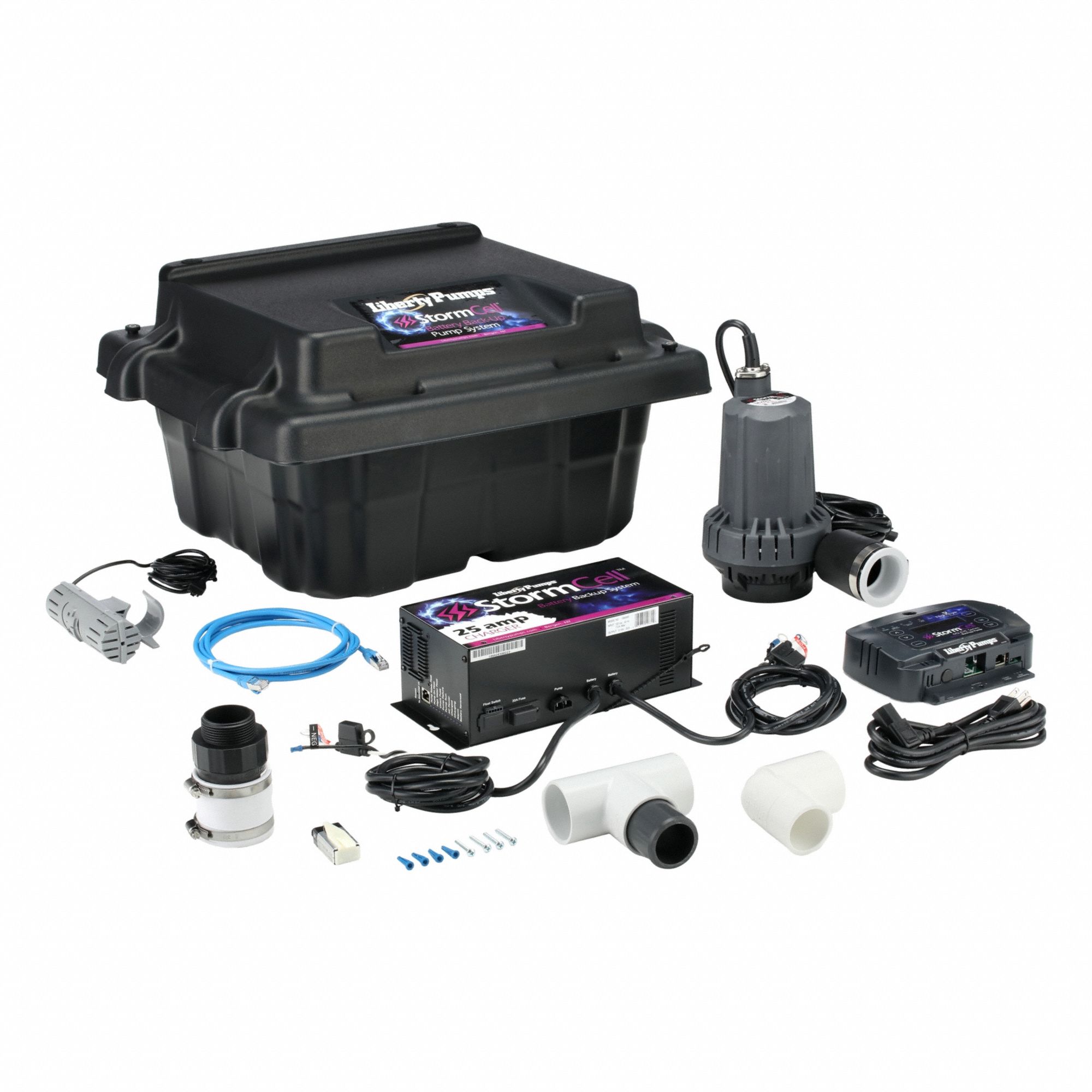 Battery Backup Sump Pump: 12V DC, 1/3 hp, Dual Micro-Reed Float, 22 ft Max. Head