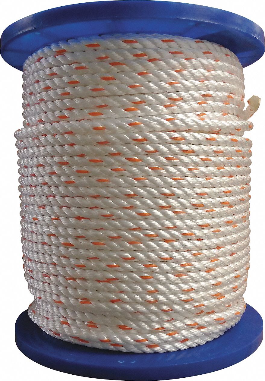 Rope: 5/16 in Rope Dia, White/Orange Tracer, 600 ft Rope Lg, 256 lb Working Load Limit, Twisted