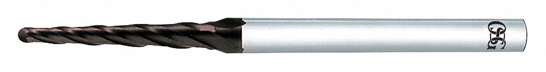 Tapered End Mill: Carbide, WXS Coated, 4 Flute, 0.5°, 1 mm Tip Dia, 8 mm LOC, 55 mm OAL