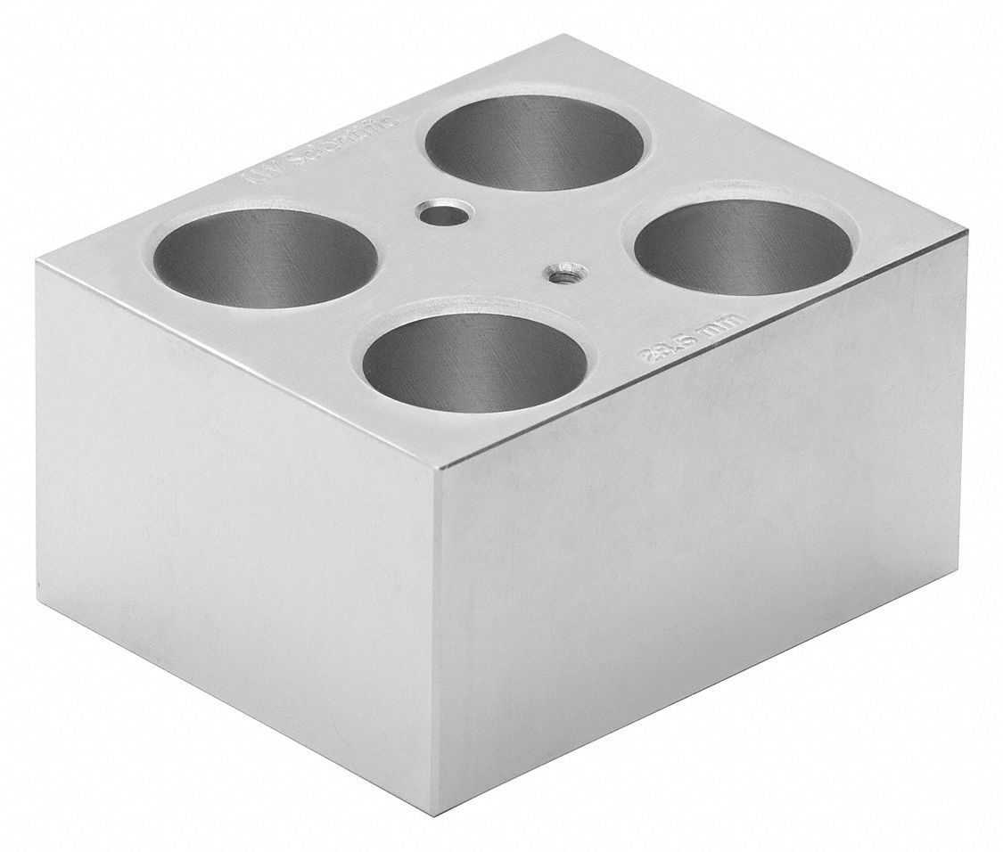 Heat Block: Metal, 3 3/4 in Overall Wd, 3 in Overall Lg, 4 Wells, 29 mm Well Dia