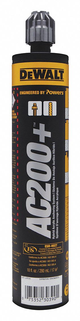 Acrylic Adhesive: Acrylic, 9.5 fl oz Container Size, 2 3/8 in Min Hole Dp, Concrete/Masonry