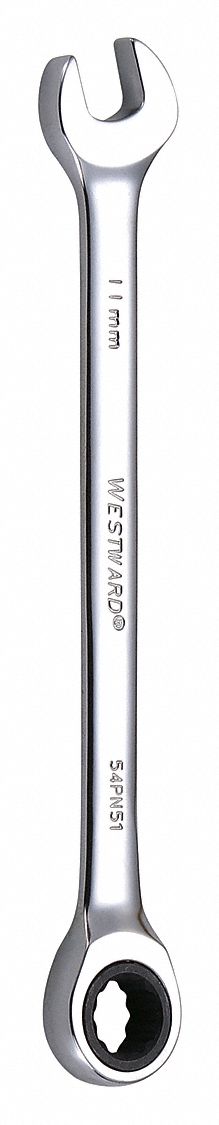 Combination Wrench: Alloy Steel, Chrome, 11 mm Head Size, 6 1/2 in Overall Lg, Std, Rounded