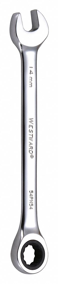 Combination Wrench: Alloy Steel, Chrome, 14 mm Head Size, 7 1/2 in Overall Lg, Std, Rounded