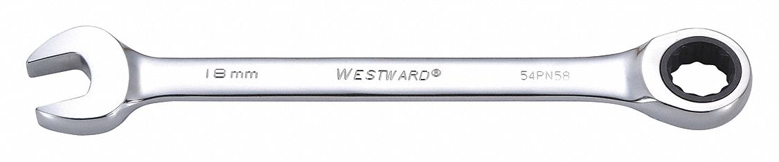 Combination Wrench: Alloy Steel, Chrome, 18 mm Head Size, 9 1/4 in Overall Lg, Std, Rounded