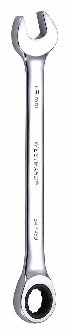 Combination Wrench: Alloy Steel, Chrome, 19 mm Head Size, 9 3/4 in Overall Lg, Std