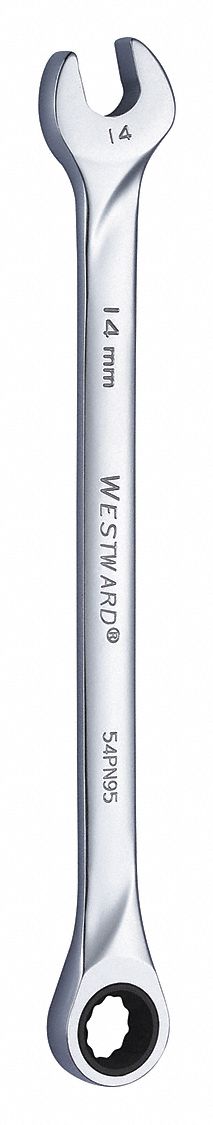 Combination Wrench: Alloy Steel, Chrome, 14 mm Head Size, 9 1/8 in Overall Lg, Std