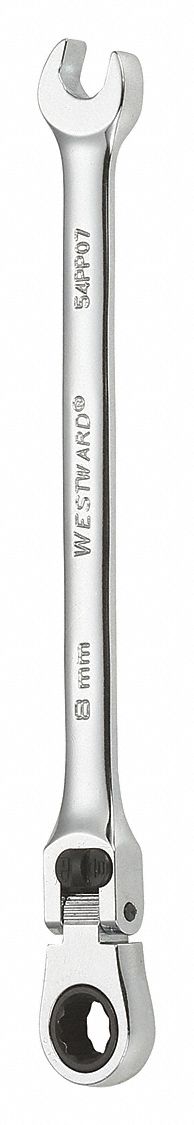 Combination Wrench: Alloy Steel, Chrome, 8 mm Head Size, 5 3/4 in Overall Lg, Flex