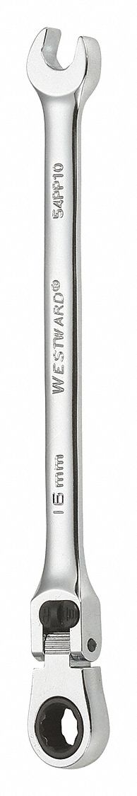 Combination Wrench: Alloy Steel, Chrome, 16 mm Head Size, 9 1/2 in Overall Lg, Flex
