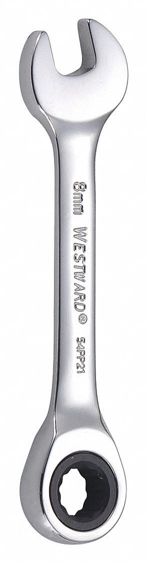 Combination Wrench: Alloy Steel, Chrome, 8 mm Head Size, 3 1/2 in Overall Lg, Std