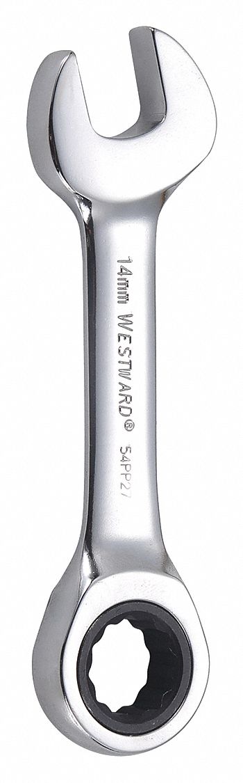Combination Wrench: Alloy Steel, Chrome, 14 mm Head Size, 4 3/8 in Overall Lg, Std