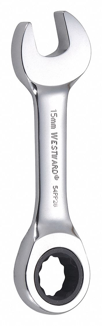 Combination Wrench: Alloy Steel, Chrome, 15 mm Head Size, 4 5/8 in Overall Lg, Std, Rounded