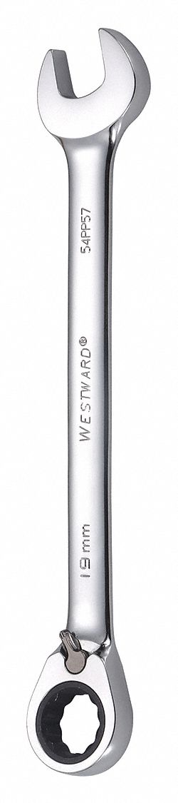 Combination Wrench: Alloy Steel, Chrome, 19 mm Head Size, 9 3/4 in Overall Lg, Offset