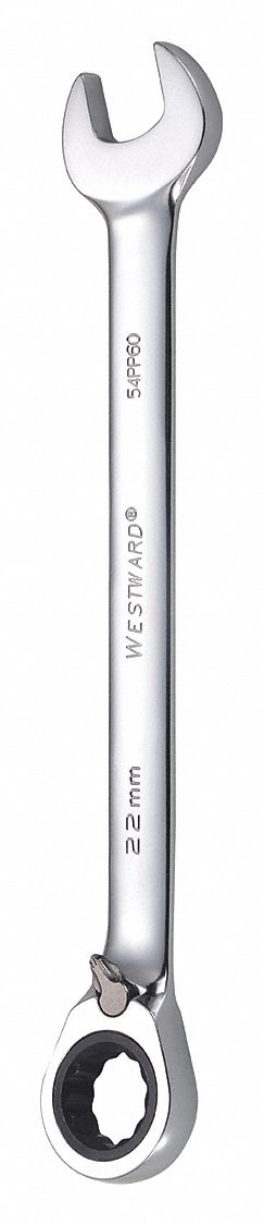 Combination Wrench: Alloy Steel, Chrome, 22 mm Head Size, 11 3/8 in Overall Lg, Offset