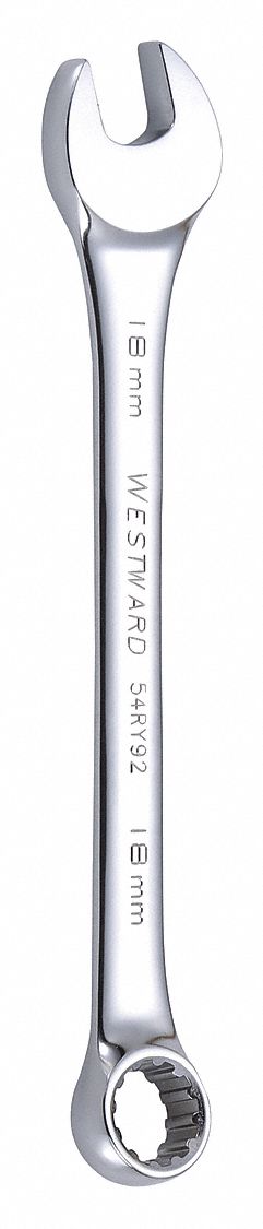 Combination Wrench: Alloy Steel, Chrome, 18 mm Head Size, 9 1/4 in Overall Lg, Offset