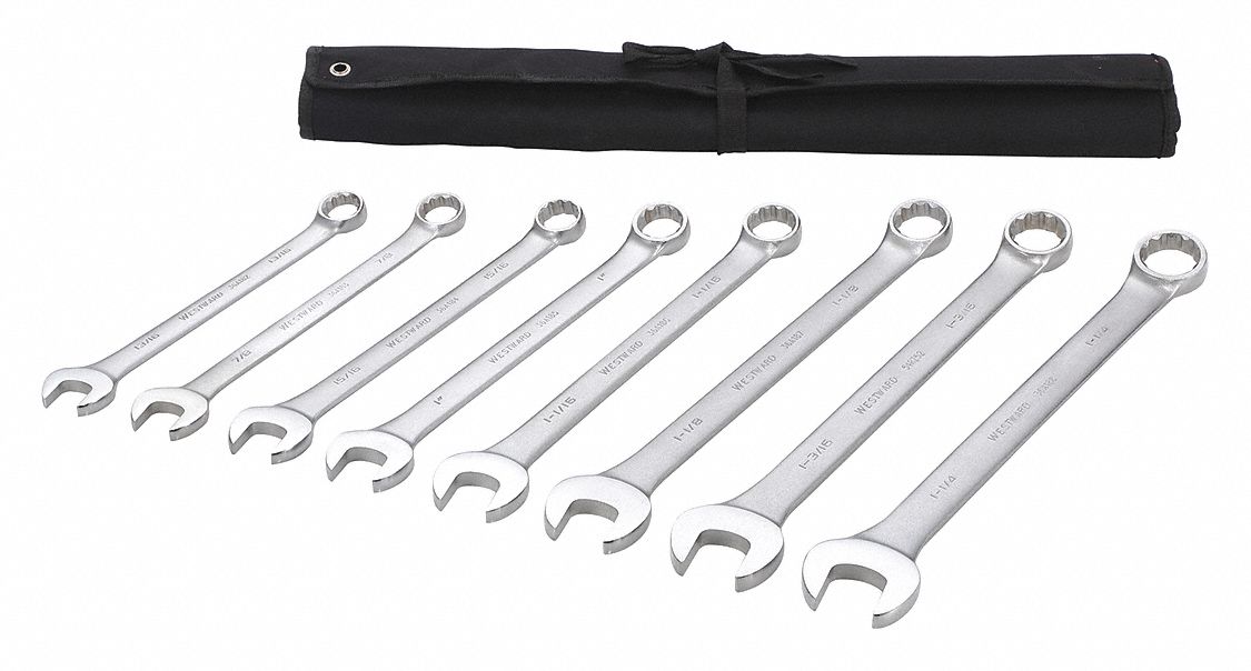 COMBINATION WRENCH SET, ALLOY STEEL, SATIN, 8 TOOLS, 15 &deg;  HEAD OFFSET ANGLE, OFFSET, POUCH