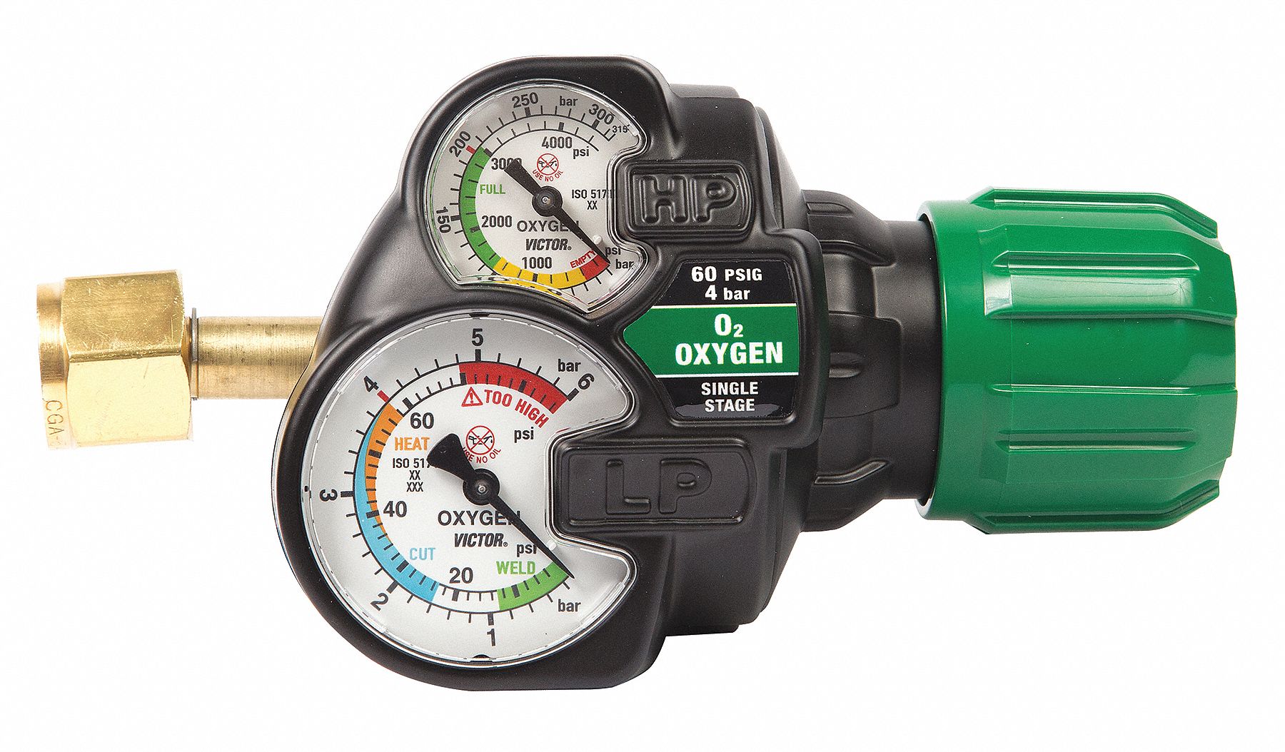 Gas Regulator: Single Stage, CGA 540 Inlet, 9/16"-18 M RH Outlet, 60 psig, Oxygen