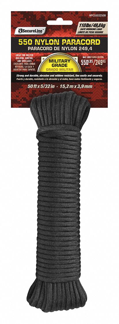 5/32 in Rope Dia, Black, Parachute Cord - 54TX78