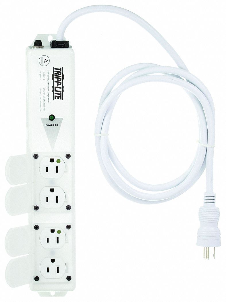 Outlet Strip: 4 Outlets, 6 ft Cord Lg, 15 A Max. Amps, White, Hospital Grade NEMA 5-15P