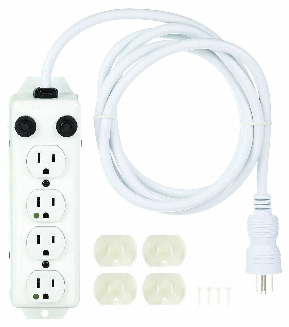 Outlet Strip: 4 Outlets, 7 ft Cord Lg, 15 A Max. Amps, White, Hospital Grade NEMA 5-15P