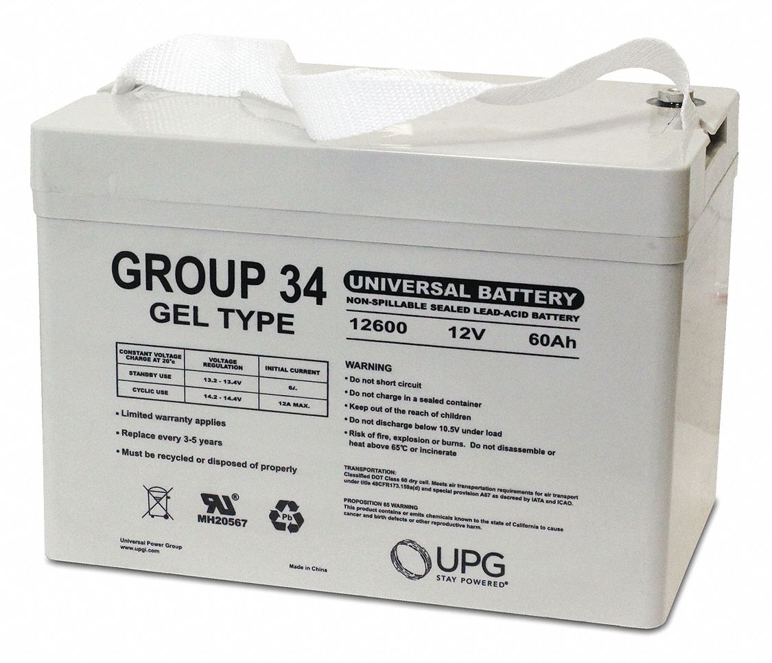 GRAINGER APPROVED 12V DC, Sealed Lead Acid Battery, 60 Ah, Threaded