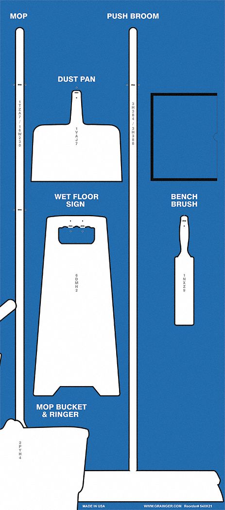 Shadow Board: 30 in x 68 in, 68 in Ht, 30 in Wd, 0.236 in Dp, Blue / White, Aluminum Composite