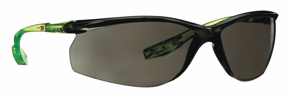 Safety Glasses: Gray Lens, Frameless, Scotchgard™ Anti-Fog, Green Frame