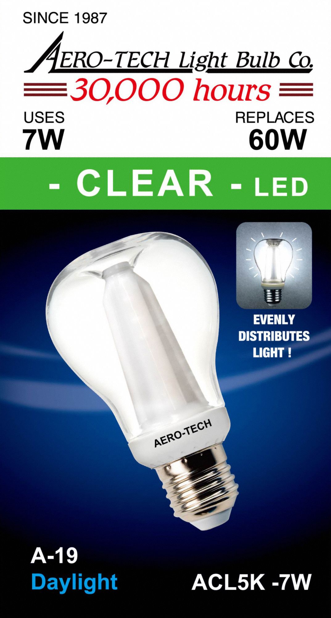 AEROTECH LED Bulb, A19, Medium Screw (E26), 5000K, 800 lm, 7 W, 120 V