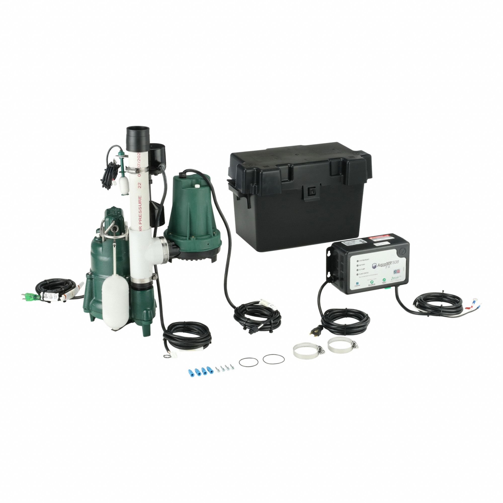 Sump/Battery Back-Up System: 1/2 hp, 120V AC, 23 ft Max. Head (Primary Pump), 12V DC, Male