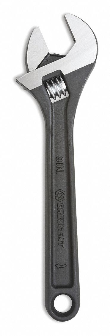 Adjustable Wrench: Alloy Steel, Black Oxide, 8 in Overall Lg, 1 1/8 in Jaw Capacity