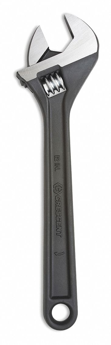 Adjustable Wrench: Alloy Steel, Black Oxide, 12 in Overall Lg, 1 1/2 in Jaw Capacity