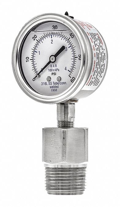 Vacuum Gauge with Diaphragm Seal: 0 psi to 60 psi, 301L/5JJJ, 2 1/2 in Dial, Glycerin